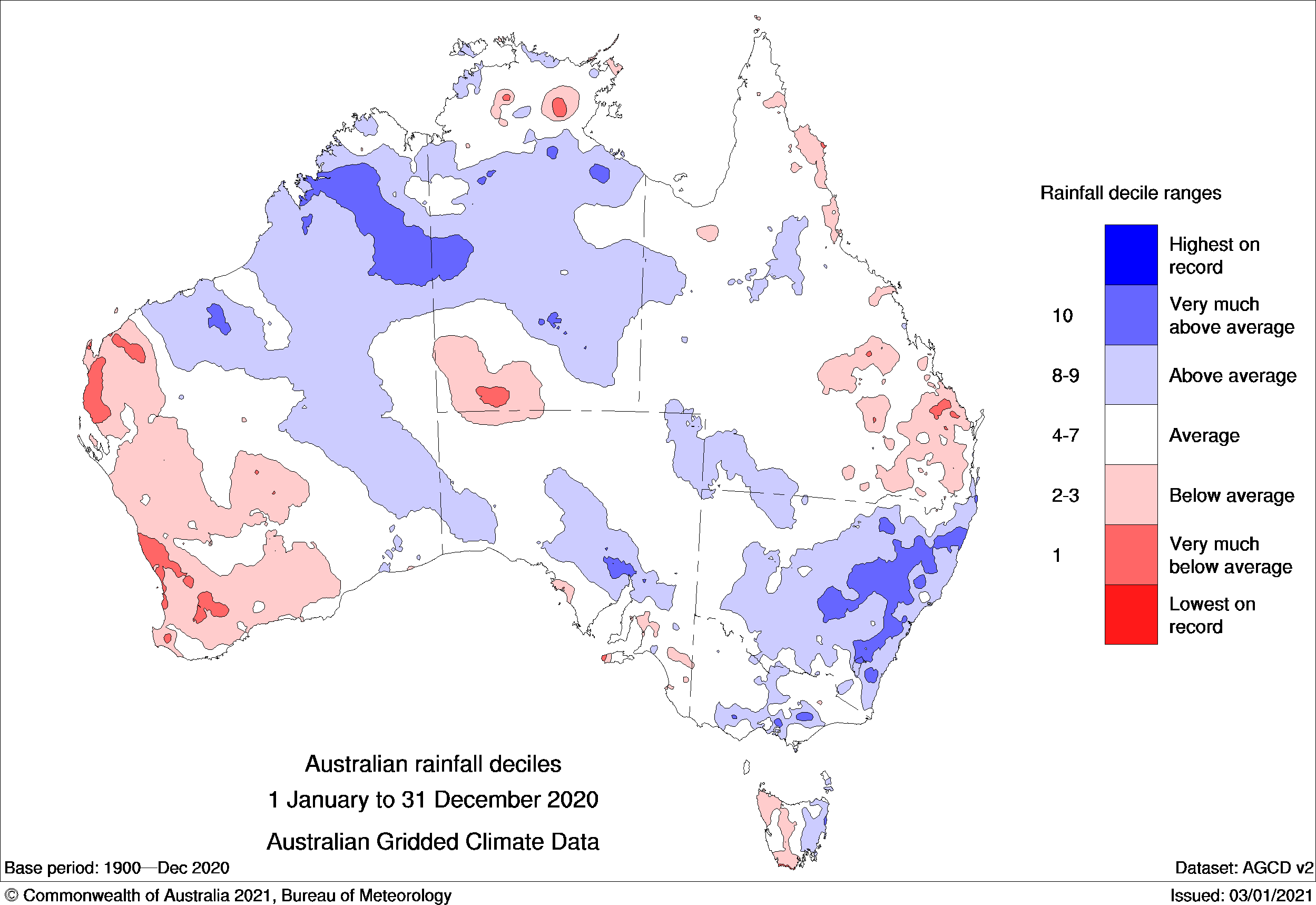 Map of Australia showing rainfall deciles for 2020 as described in text.